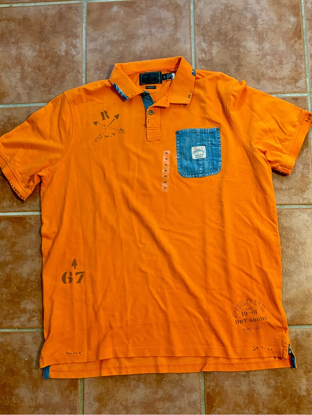 Polo Country by Ralph Lauren orange polo shirt with Blue & Green Accents - Picture 2 of 14